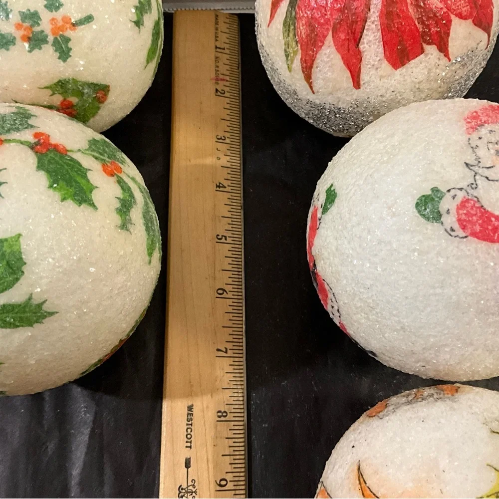 Vintage Lot of 5 Decoupage Christmas Ornaments Poinsettia and Santa